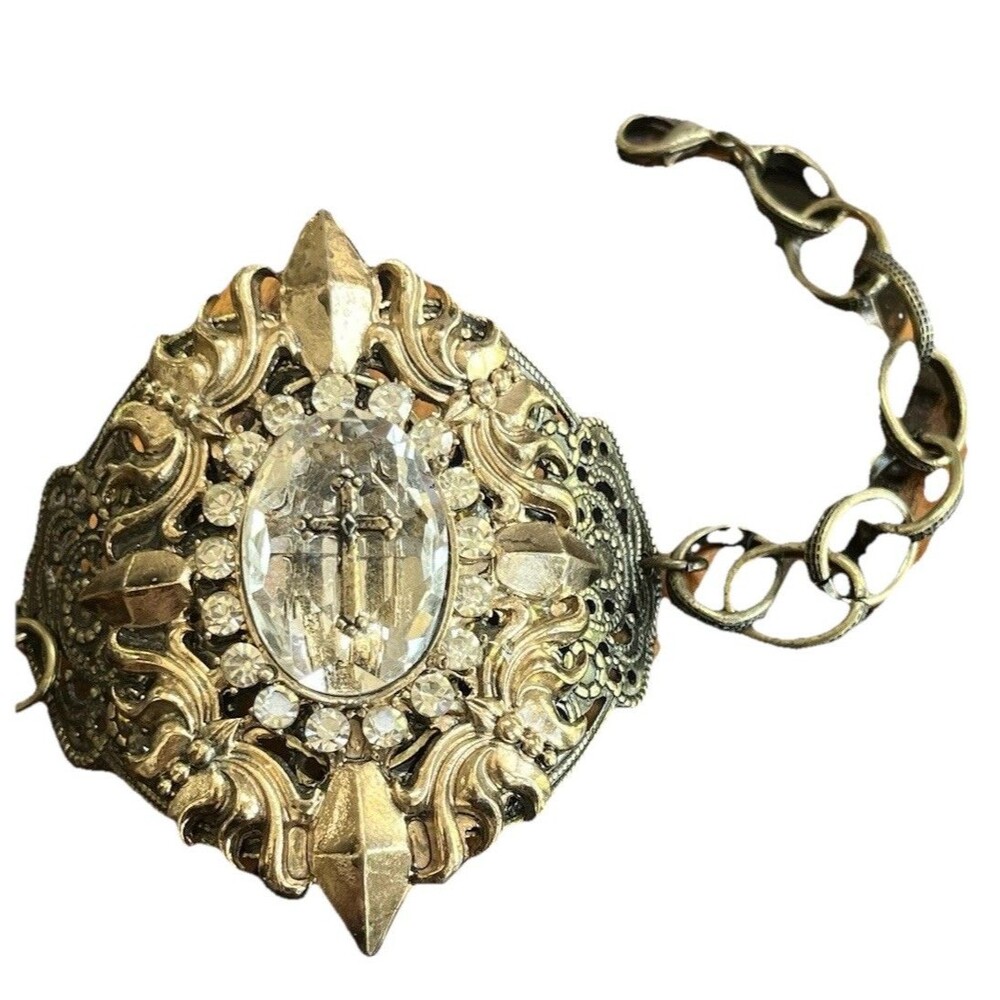 Vintage Gothic Rhinestone Statement Bracelet Gold Tone Black Filigree